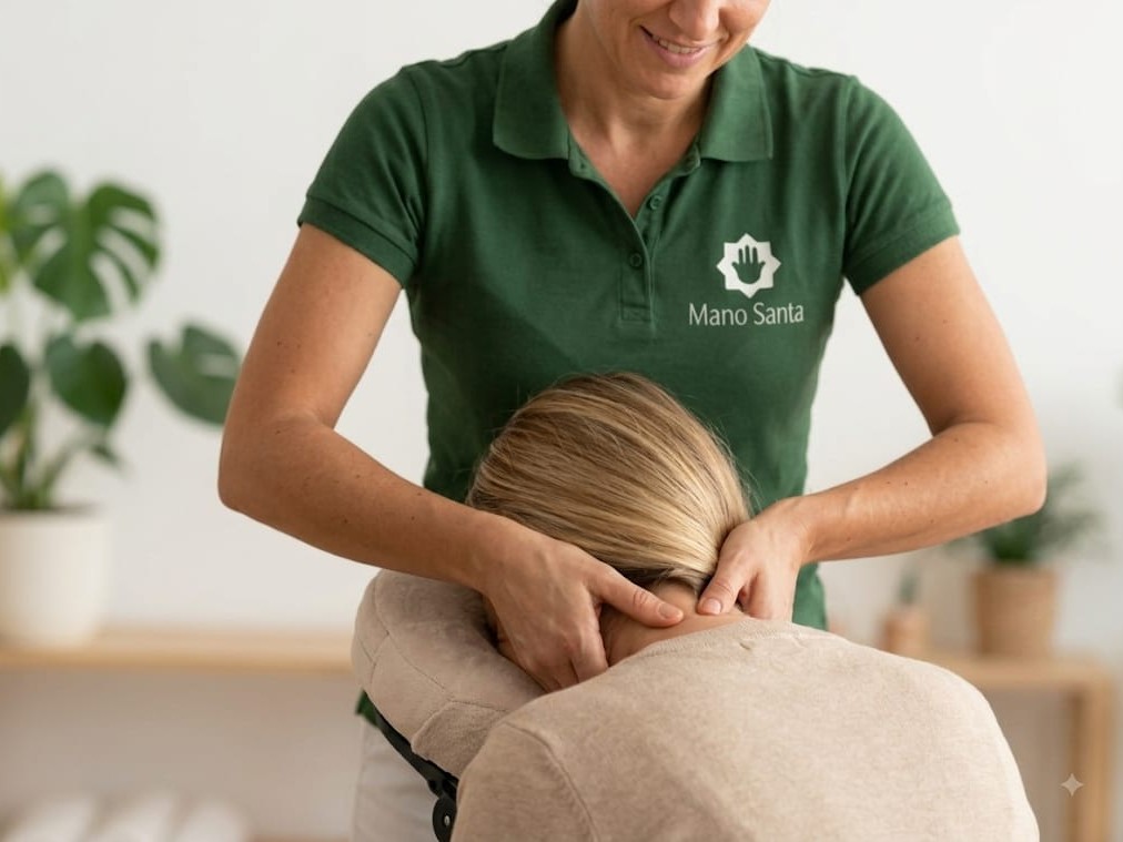 Terapia manual en cuello y hombros a una persona sentada en Mano Santa.