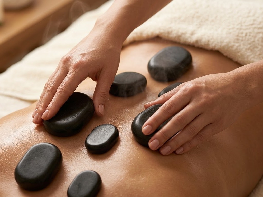 Aplicación de piedras calientes durante una sesión de bienestar.